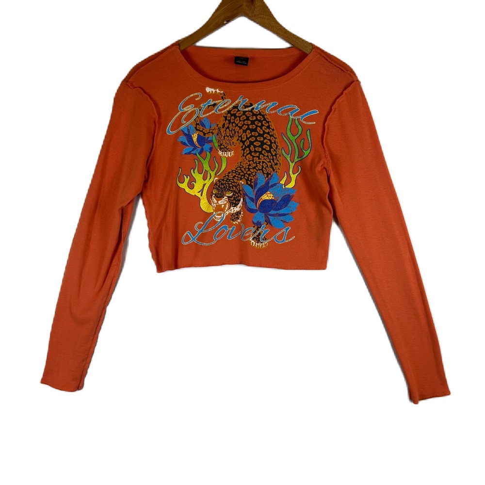 Urban Outfitters Eternal‎ Lovers Tiger Long Sleeve Crop Top Orange Large Y2K